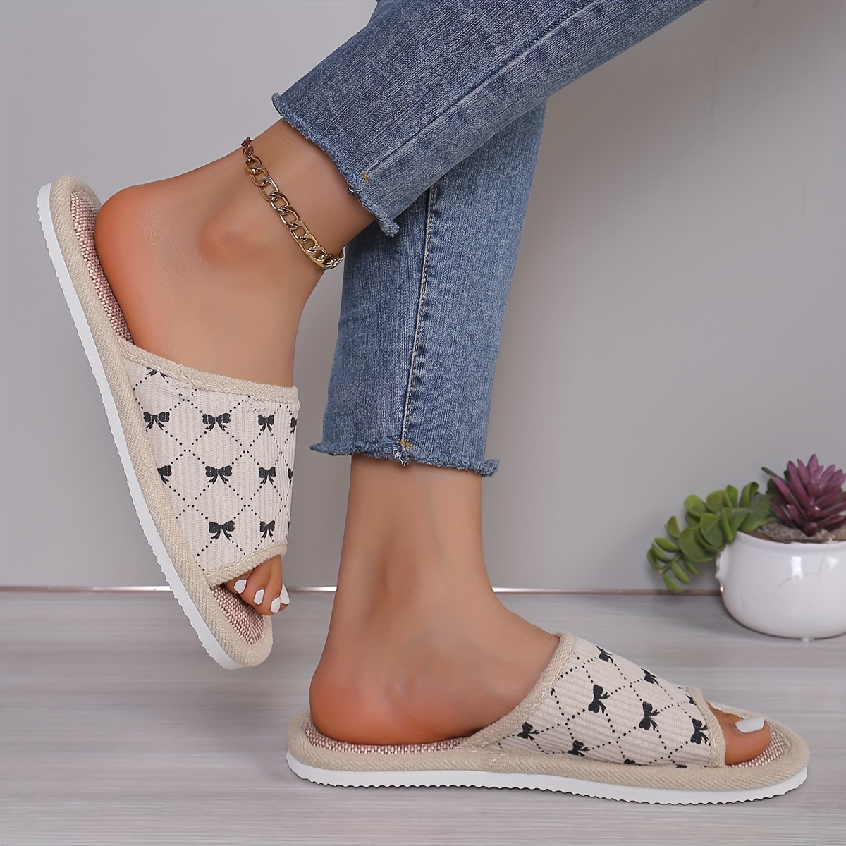 

Women's Bow Pattern Linen Slippers, Breathable Open Toe Soft Sole Shoes, Comfy Lightweight Indoor Slippers