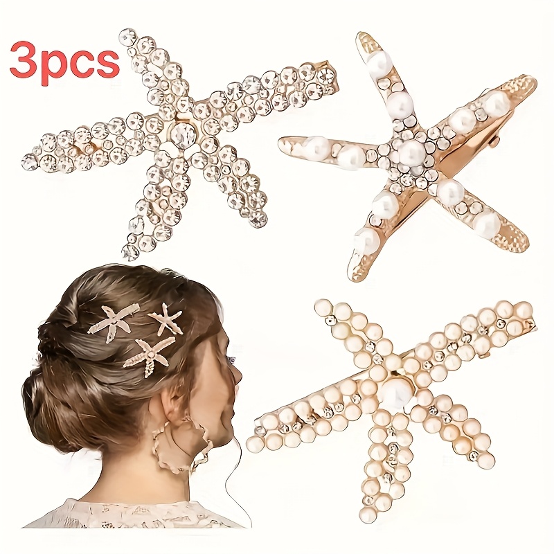 TEMU 3pcs Pearl Starfish Alligator Hair Clips, Elegant And Fashionable Hair Additions For Women' Wear, Parties And Makeup Decoration