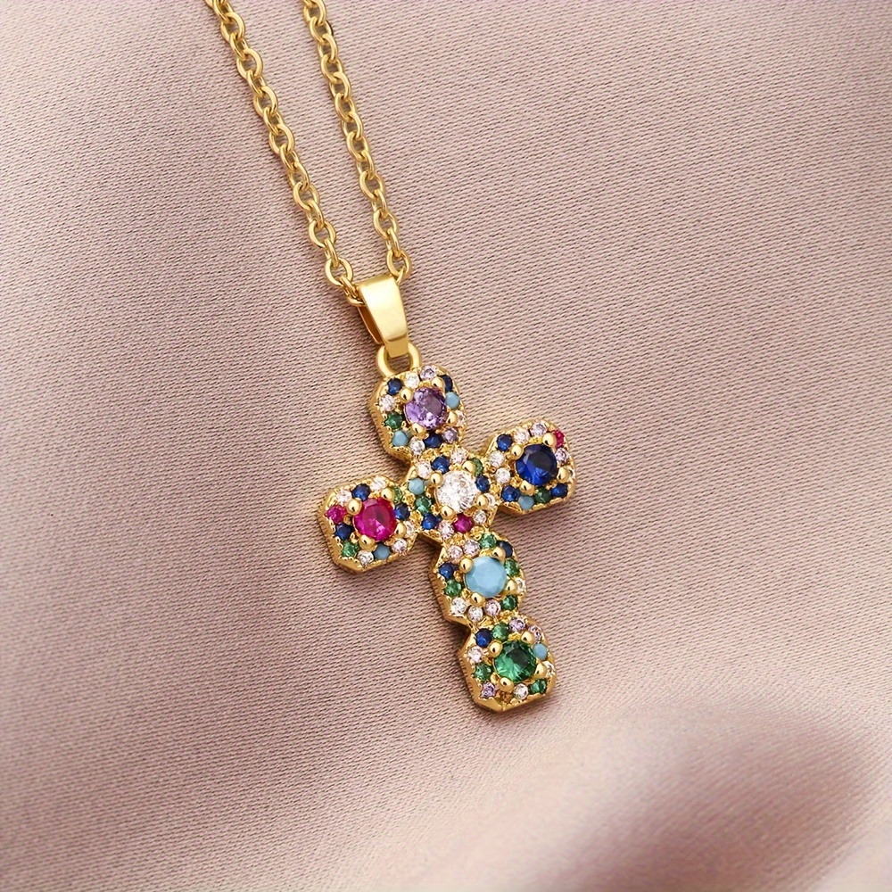 Image of Exquisite Colored Synthetic Zirconia Cross Pendant Necklace With 304 Stainless Steel Chain, Golden Jewelry Gift For Women