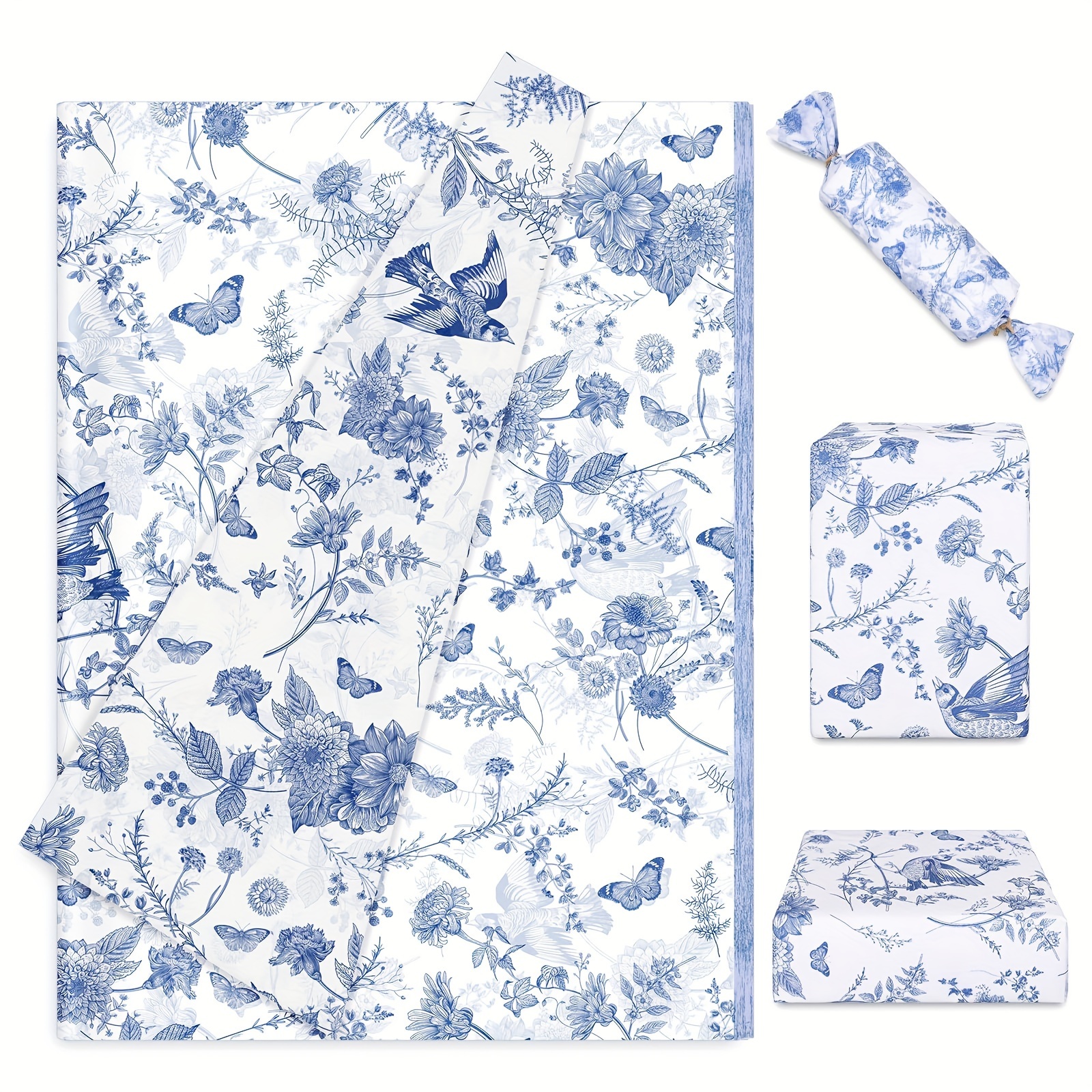 

50 Feuilles Tissu Bleu Floral - Cadeau Chinoiserie avec Design de Papillon et d'Oiseau, Blanc et Bleu , 13,7 x 19,6 Pouces, Idéal pour Mariage, Anniversaire, Décorations de Fête et Arts DIY