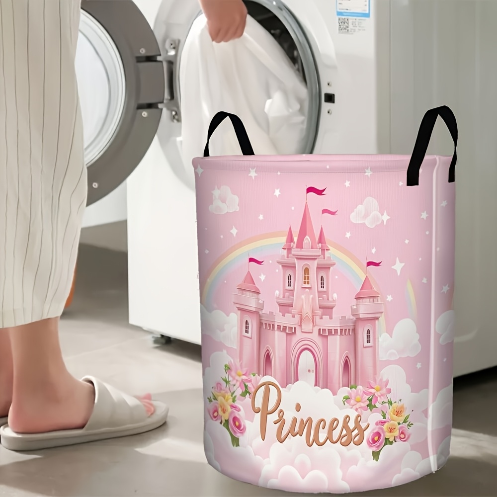 TEMU A Pink Castle-themed Laundry Basket With A Design â A Foldable Storage Solution Suitable For Organizing Clothes And Home Items, Featuring