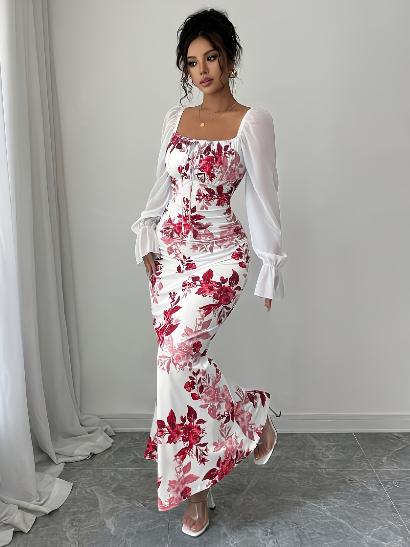 elegant floral print long sleeve bubble sleeve notch neck - Temu Mexico
