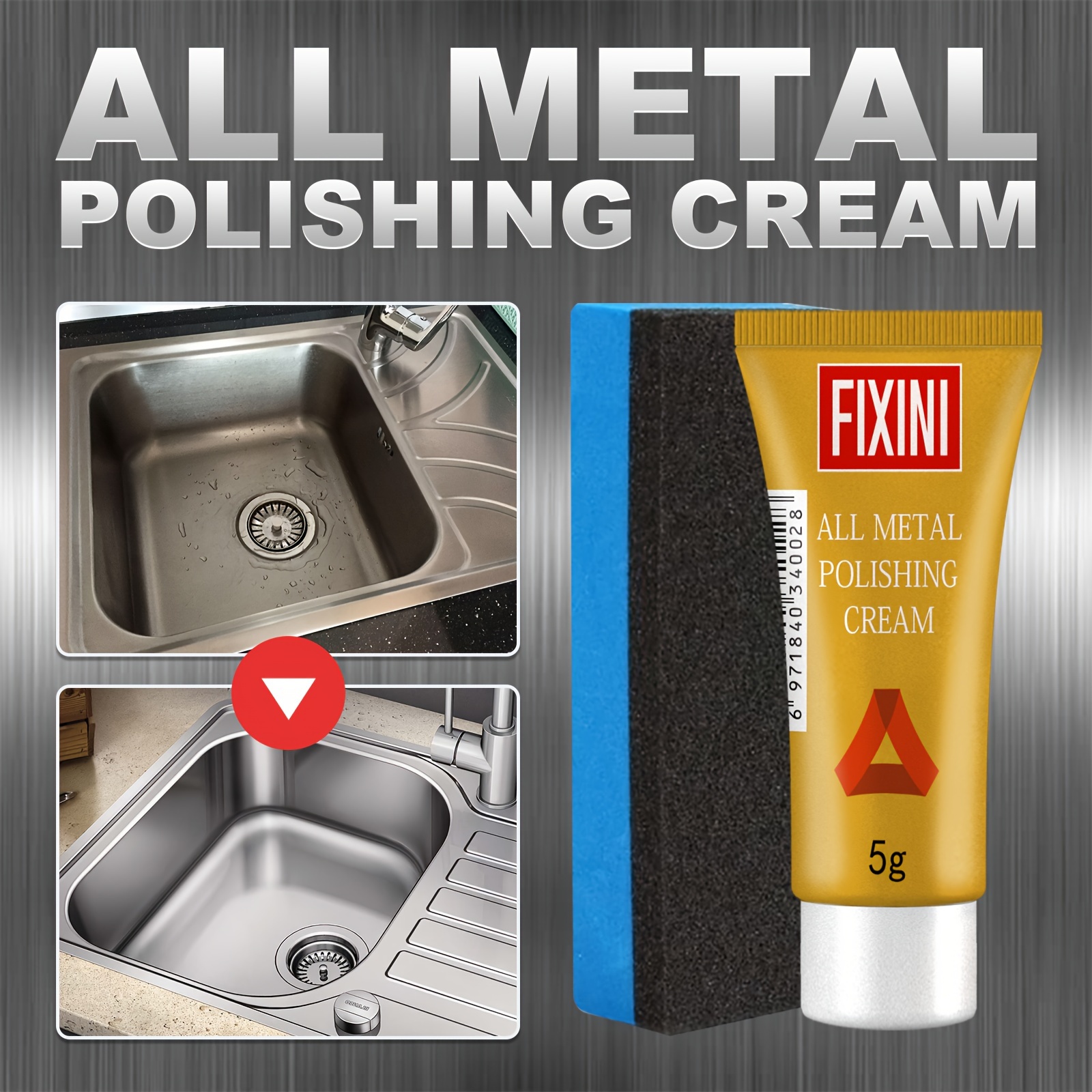Fixini All-Metal Polishing Cream with Sponge - Multi-Purpose Shine & Repair Paste for Kitchens, Bathrooms, Stainless Steel, Ceramics, Car Wheels & Tires - Non-Abrasive Formula for Rust, Stains & Scratch Removal, 5g