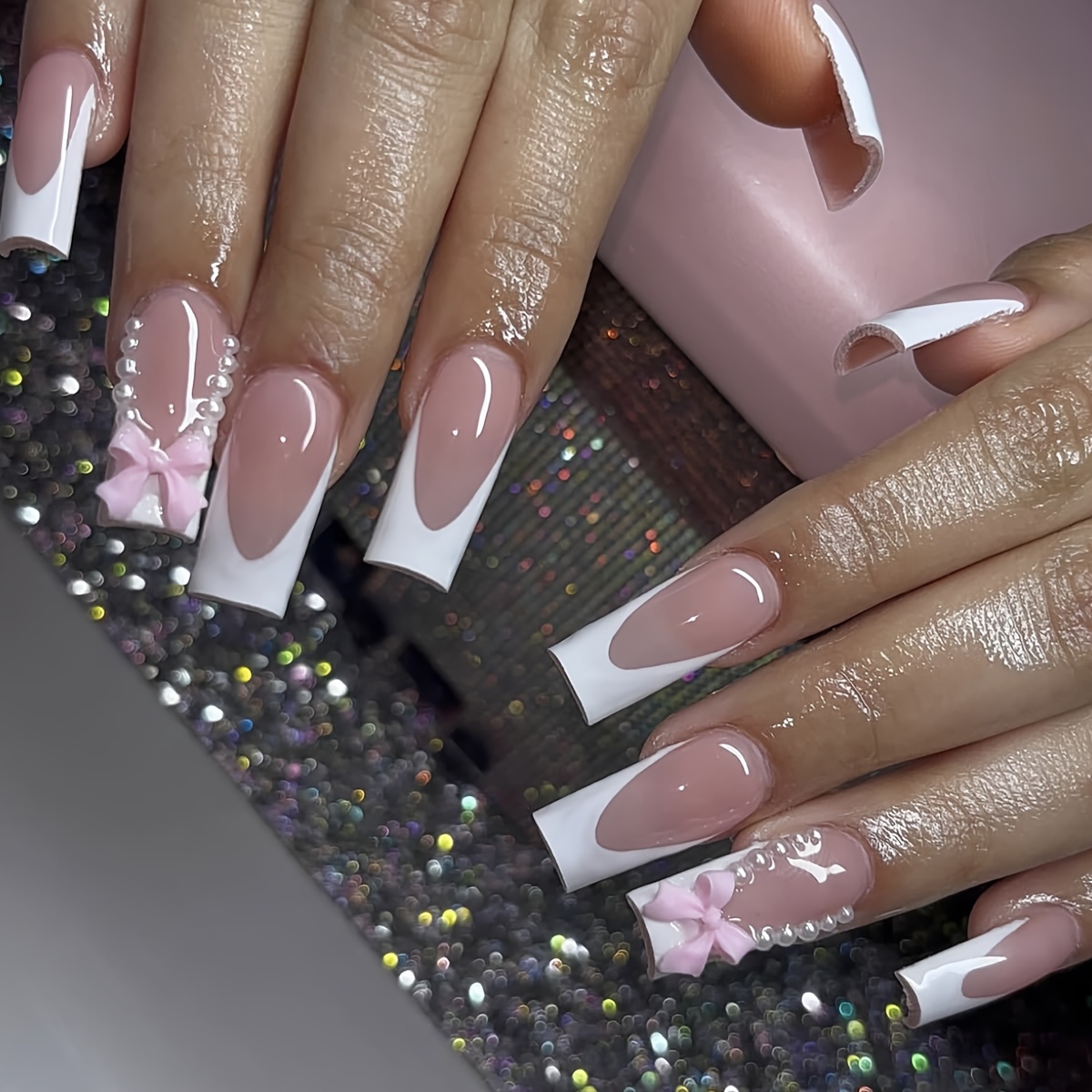 Sarg Ballerina Fake Nails Mit Nude Pink Glitter – 24-teiliges Set Inkl. Nagelfeile & Aufklebern Für Französische Maniküre