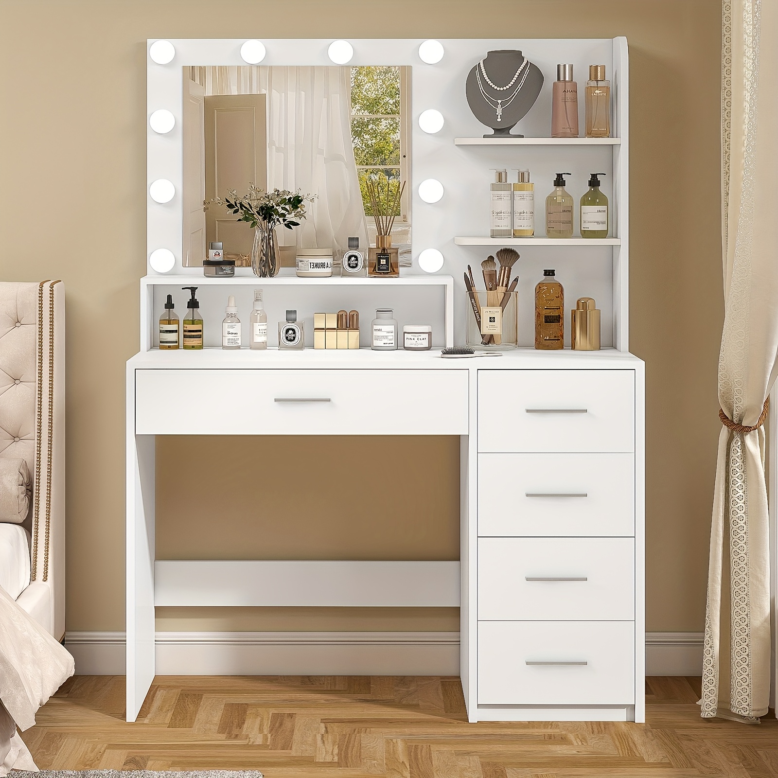TEMU Athwel Makeup Vanity Desk With Mirror & Lights, Vanity Desk With 5 Drawers & Storage Shelves, Vanity Table, 3 Color & Adjustable Brightness Dressing Table, Bedroom, White