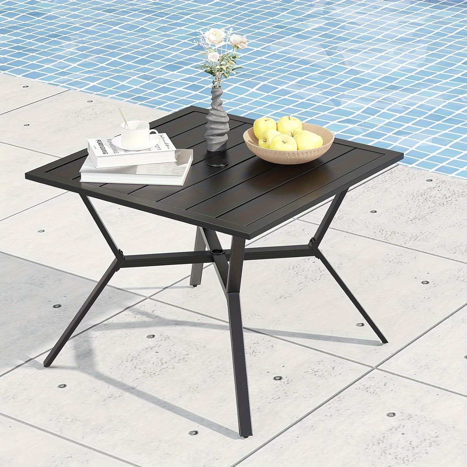 

Outdoor Dining Table, Black, Gray, With Umbrella Hole, Suitable For 4 People, All-metal Patio Table