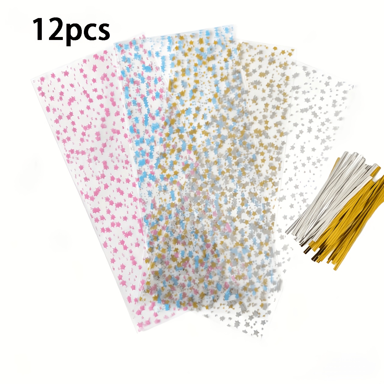TEMU Lot de 12 avec attaches - Sacs en cellophane transparent 26,92x12,7cm, couleurs aléatoires, motif multicolores, fermeture à , convient pour de