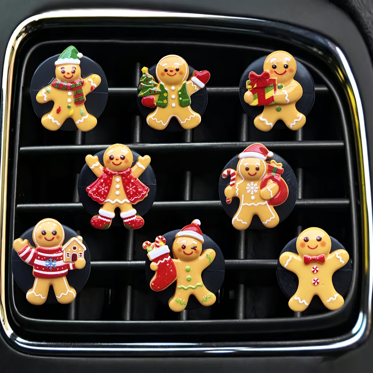 TEMU Lot de 8 pinces désodorisantes pour voiture de en pain d'épices de Noël, parfum, pinces décoratives pour bouches d'aération de voiture de Noël