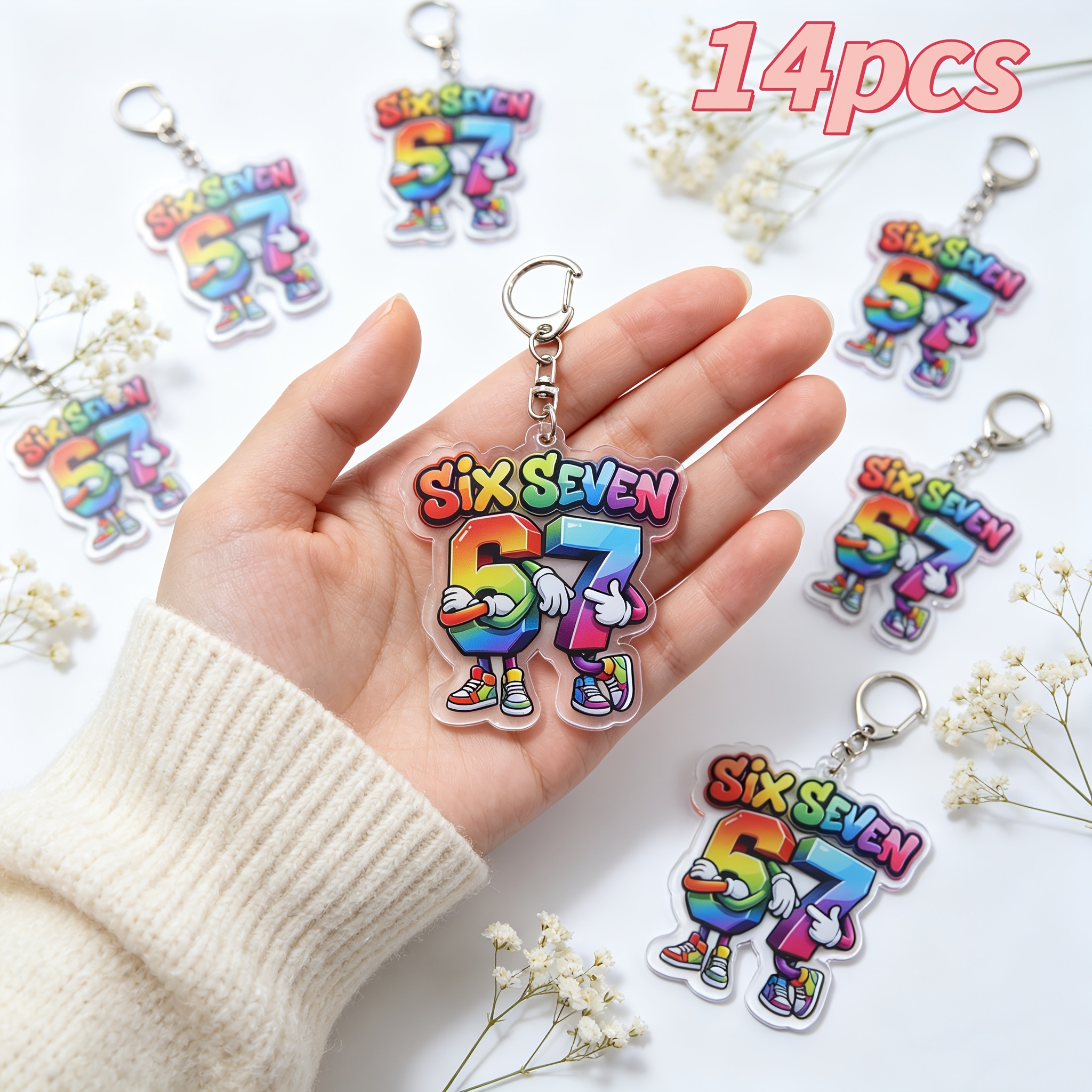 TEMU [2d Flat] [2d Flat] 14pcs Macaron Colored Series 67 Sixseven Keychains, High-definition Acrylic Material, 5cm Size Premium Printing Craft,