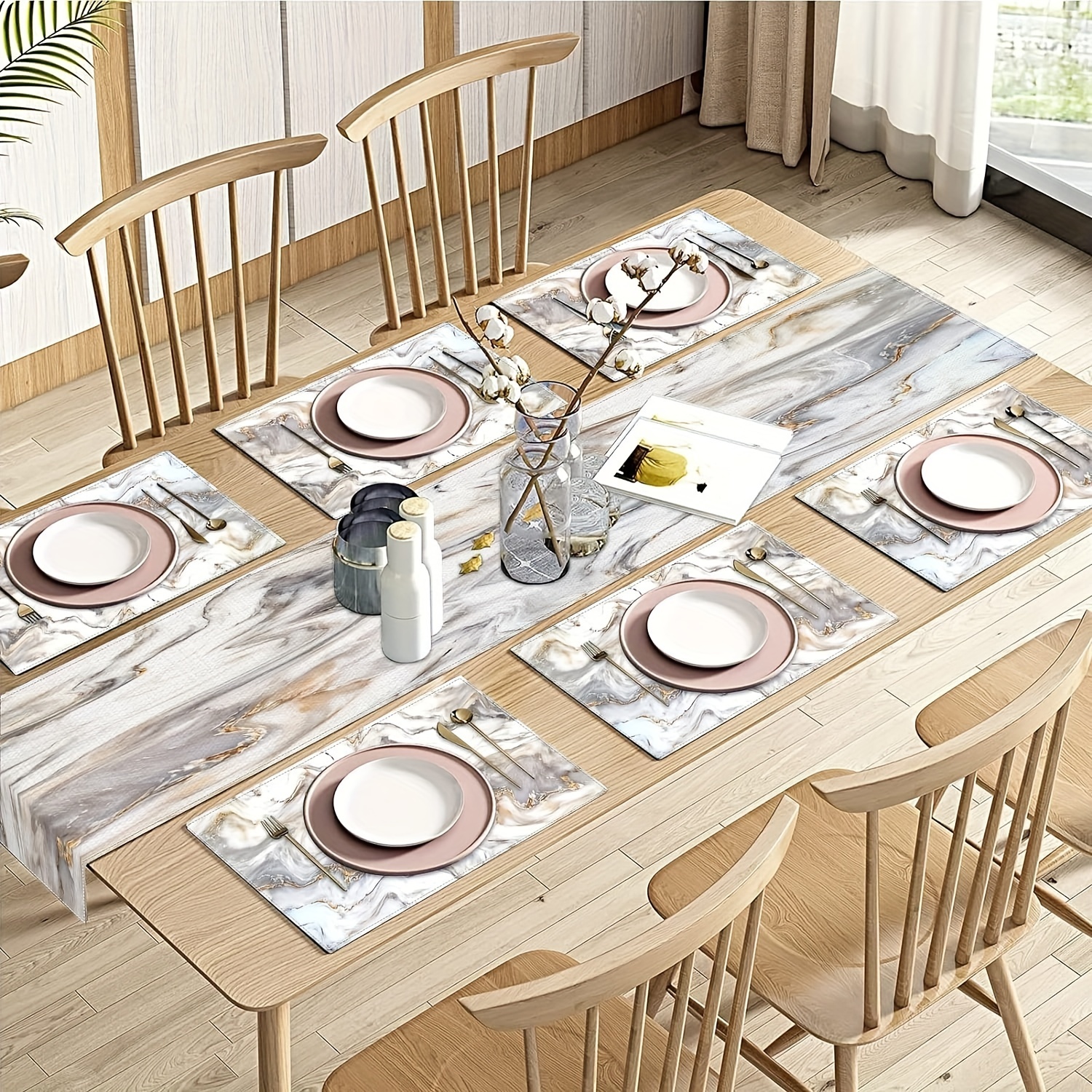 

7pcs, Dining Decor Set, Linen Marble Printed Table Runner With 6 Coordinated Placemats, Modern Abstract Grey White Gold Marbling Design For Everyday Table Decor