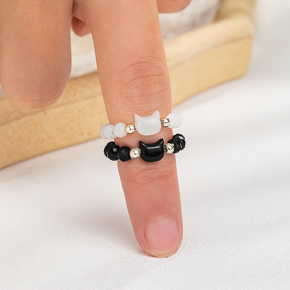 Image of 2pcs Black And , Embellished With Beads Elastic Finger Ring, Suitable For Daily Wear, Holiday Birthday Gift