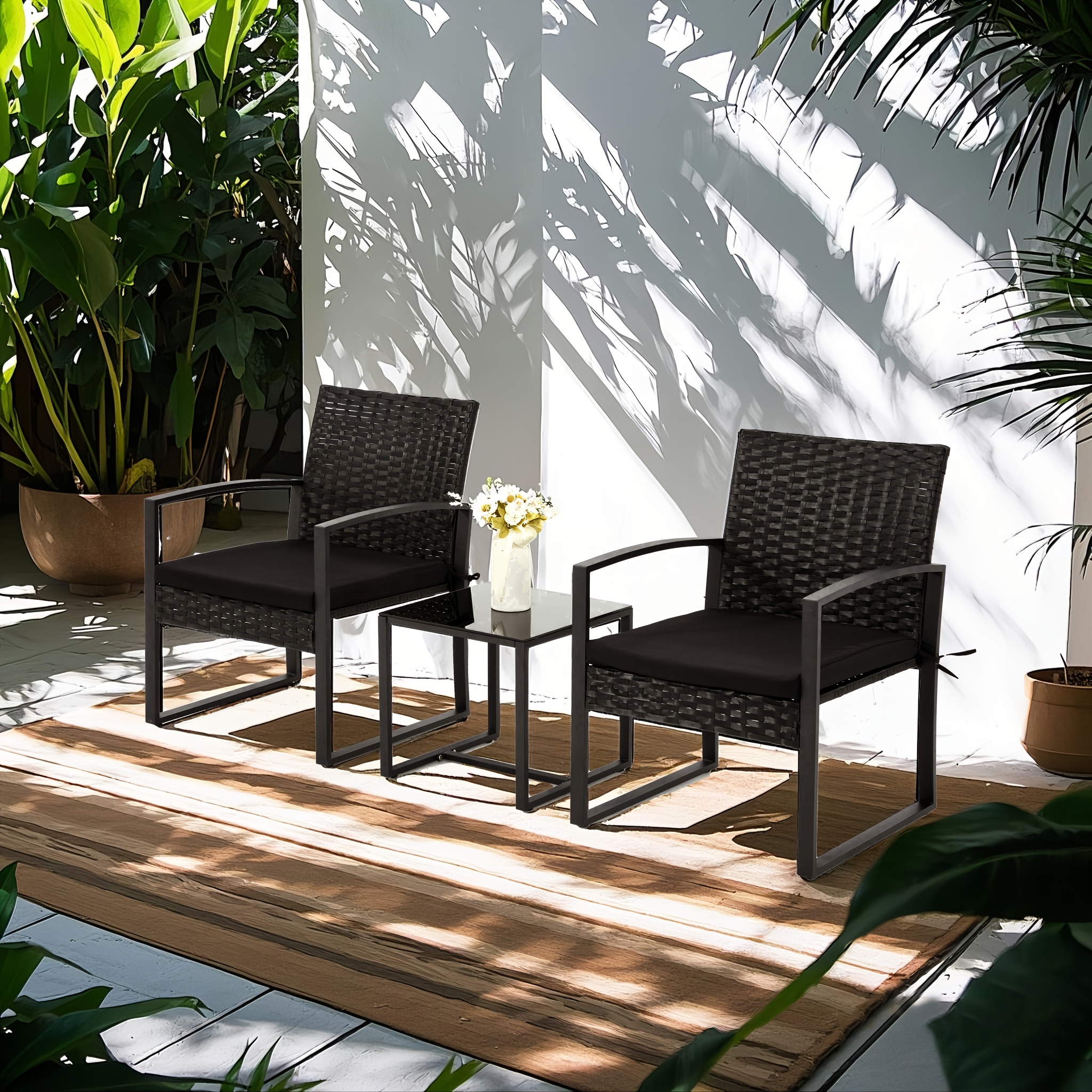 Bezseller 3pcs Outdoor Furniture Set, Rattan Bistro Set with Coffee Table, Sturdy Steel Frame with Cushions for Garden, Balcony, Poolside, And Backyard