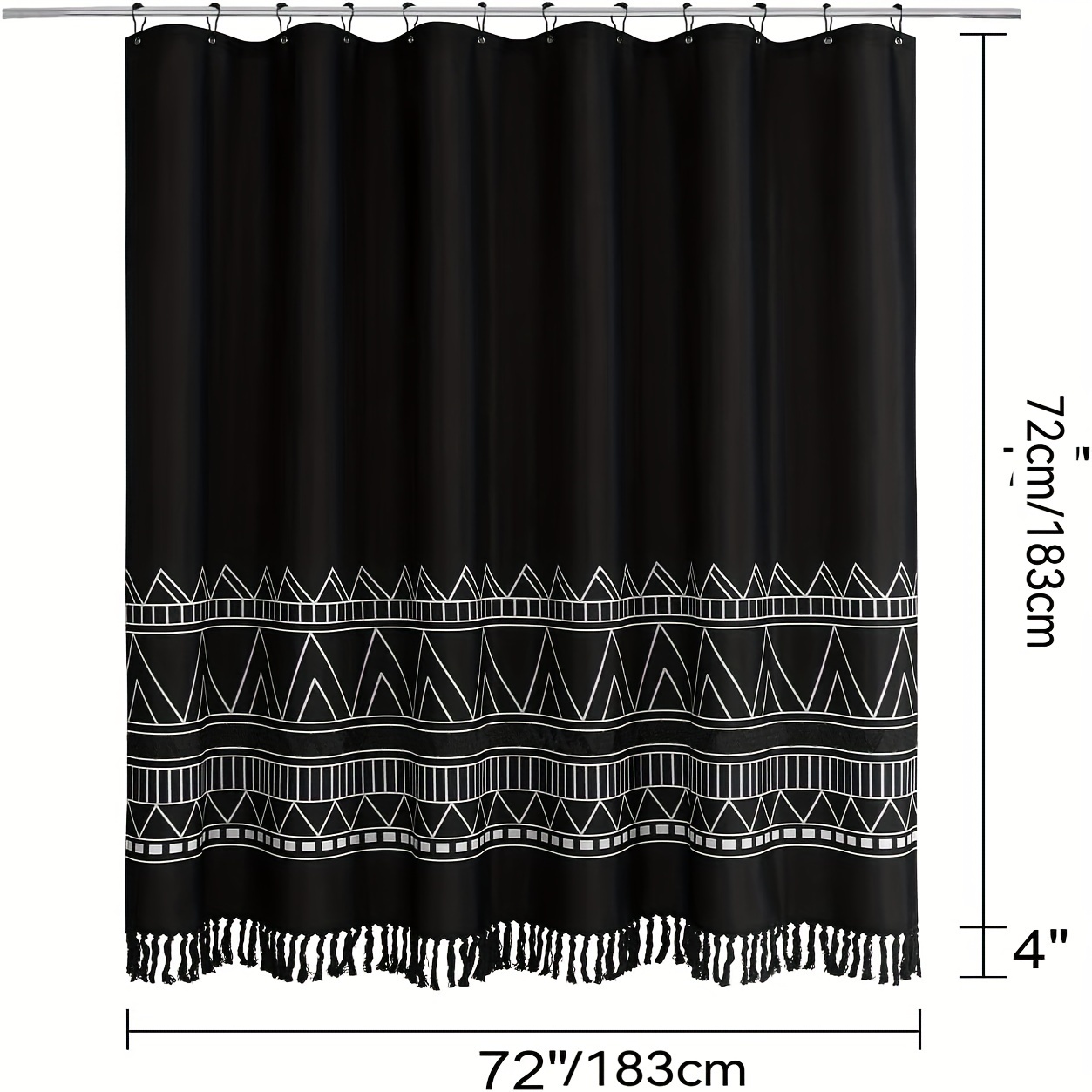 Black Boho Shower Curtain Set with Hooks