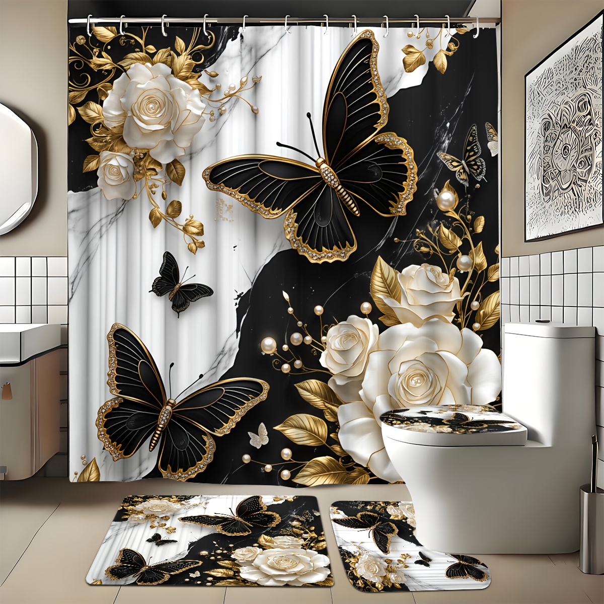 TEMU 4pcs Shower Curtain Set, Bathroom Decor And Additions, Non-slip, U-shaped, Toilet Seat Cover, 70.9 X 70.9 Inch Shower Curtain With 12 Durable