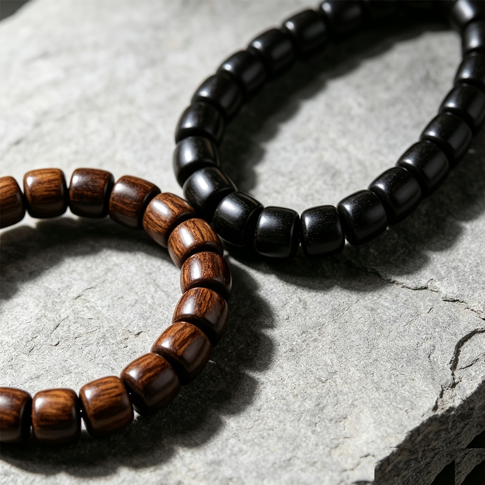 TEMU 2pcs Set Of Retro Natural Tiger Pattern (brown And Black) Wooden Elastic Bracelet Set, Handmade Stretchable Wooden Bracelet, Attracting Wealth,