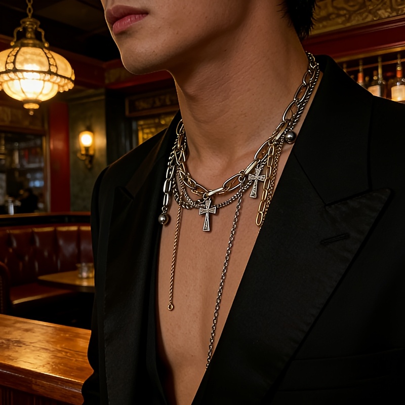 Multi-layer cross & tassel necklace
