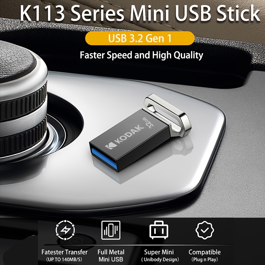 

Clé USB Mini KODAK K113, USB 3.2 Gen 1, transfert de données haute vitesse, disque U en métal, 32/64/128 Go, compact et , pour la synchronisation de fichiers entre véhicules et ordinateurs, facile à