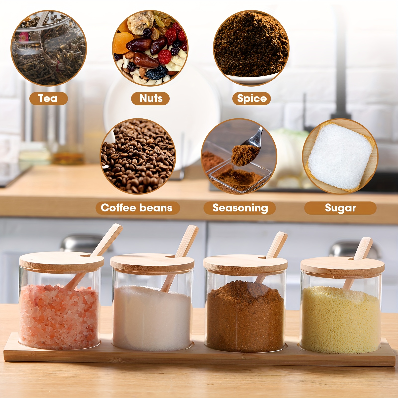 8pcs 10oz clear glass seasoning jar with wooden lid and spoon adorable sugar condiment jar canisters pot set bath salt sugar storage container box for   kitchen Product details 4