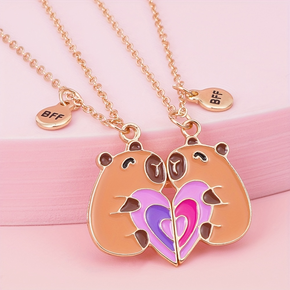 Image of 2pcs Capybara Hugging Heart Bff Pendant Necklace Set For, Perfect Additions For , , Holiday Parties, Music Festivals, And Birthday Gifts