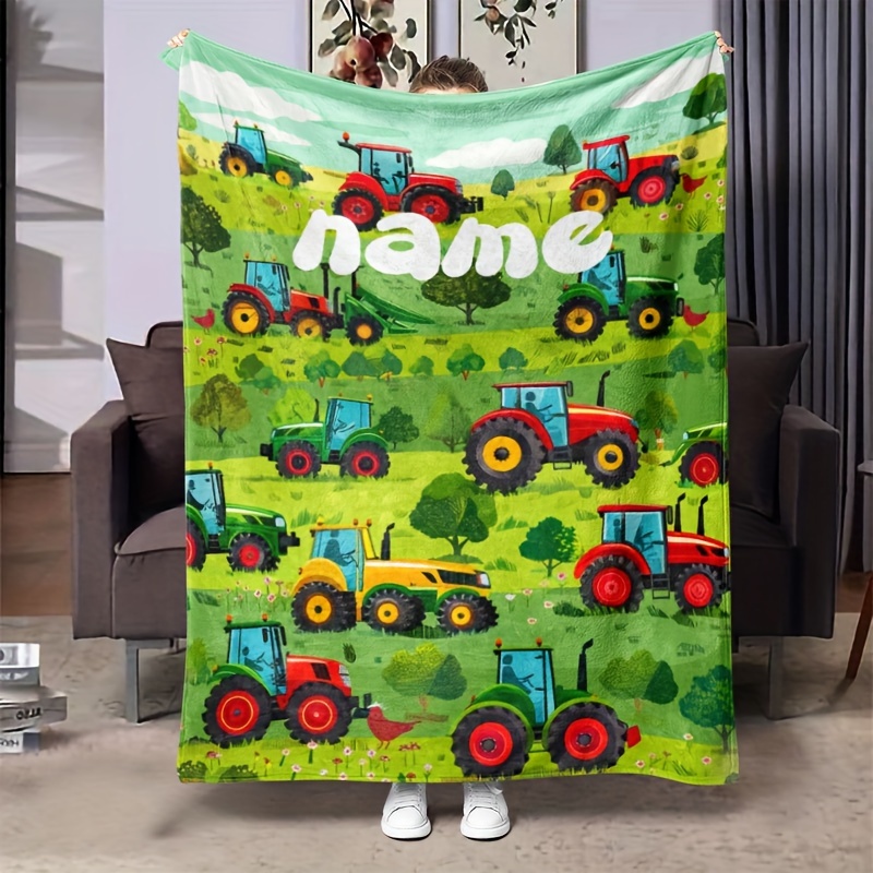 

Custom Name Farm Tractor Print Flannel Throw Blanket - Contemporary Style, Cozy Knitted Blanket With - 100% Polyester, Lightweight 200-250g Fabric, Ideal For Home Decor