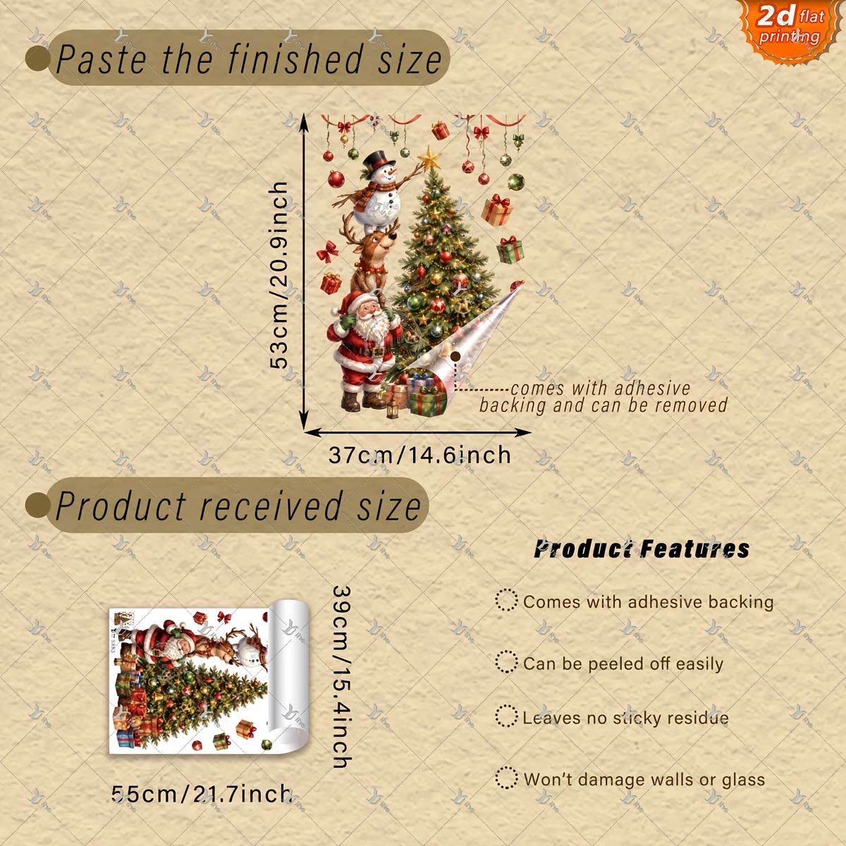 TEMU 2d Flat, 1pc 2d Flat Printing Snowman Christmas Tree Gift 40*55cm Window Sticker Creative Diy Self-adhesive Removable Double-sided Pvc Sticker
