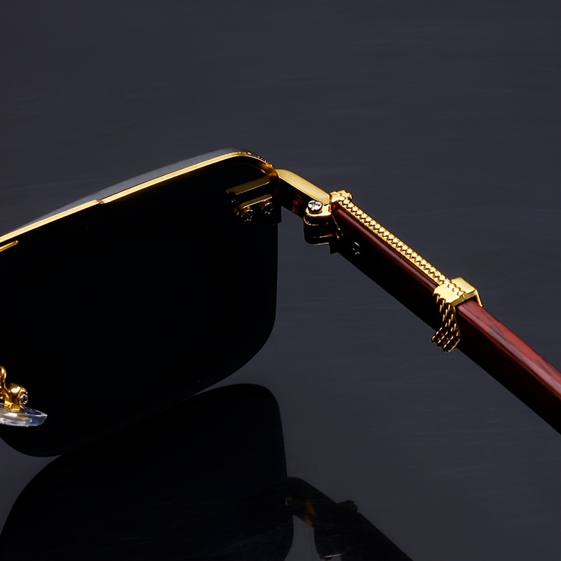 Women's Frameless Double Temple Fashion Glasses with Luxurious Golden-Toned Wood Grain Accents Unisex Black Eyeglasses