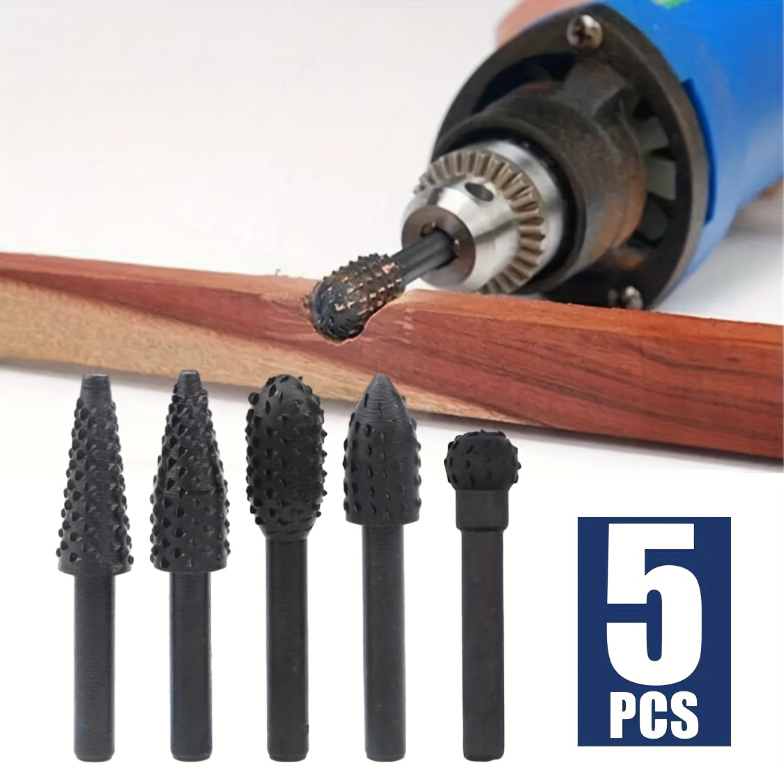 TEMU Power Tools Electric Drill Tools Accessories, Wood Cutter Kit Drill Bit Set, Twist Drill Bits, Chisel Tool 5pcs Rotary Burr Wood Carving Rasp