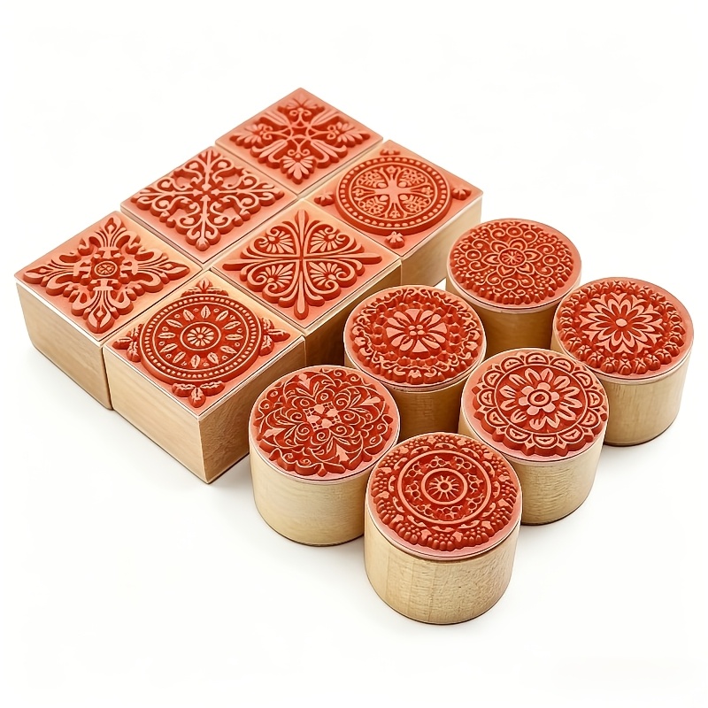 TEMU Vintage Floral Lace Wooden Rubber Stamp Set Of 12, Round & Square Carved Wood Seal Stamps, Aesthetic Diy Craft Stamping Tools For Scrapbooking,