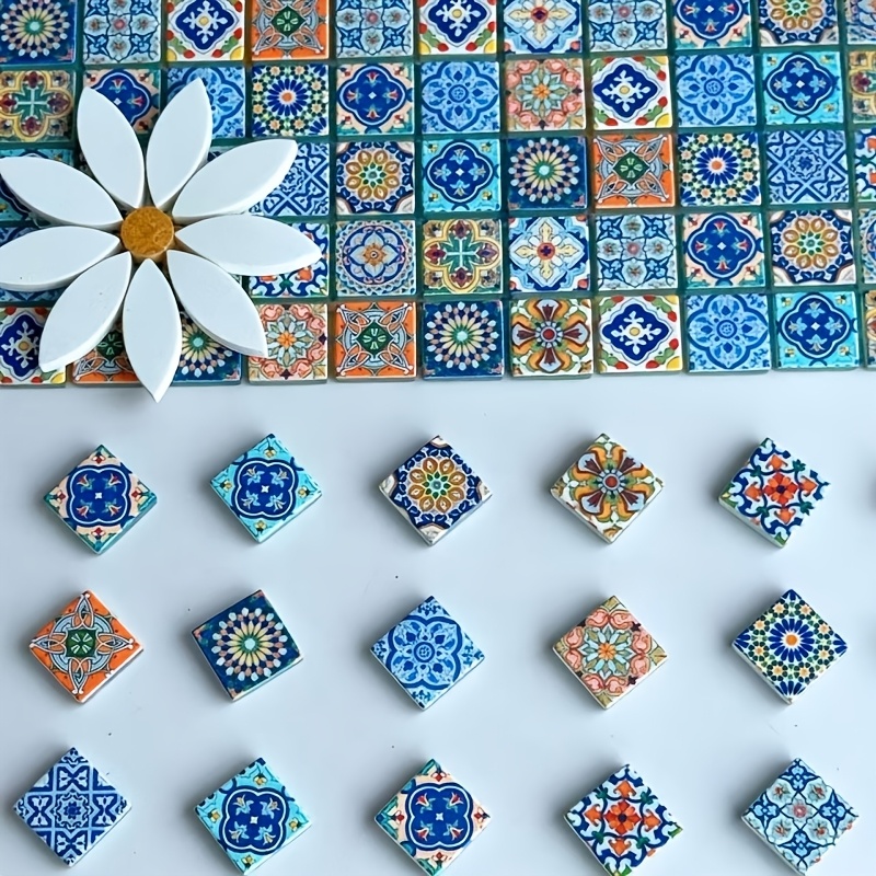 TEMU 110g/3.9oz Colorful Vintage Mosaic Glass Tiles Suitable For Diy Crafts, Fusible Glass Squares With Rich Ethnic Patterns & Smeltable Sheets For