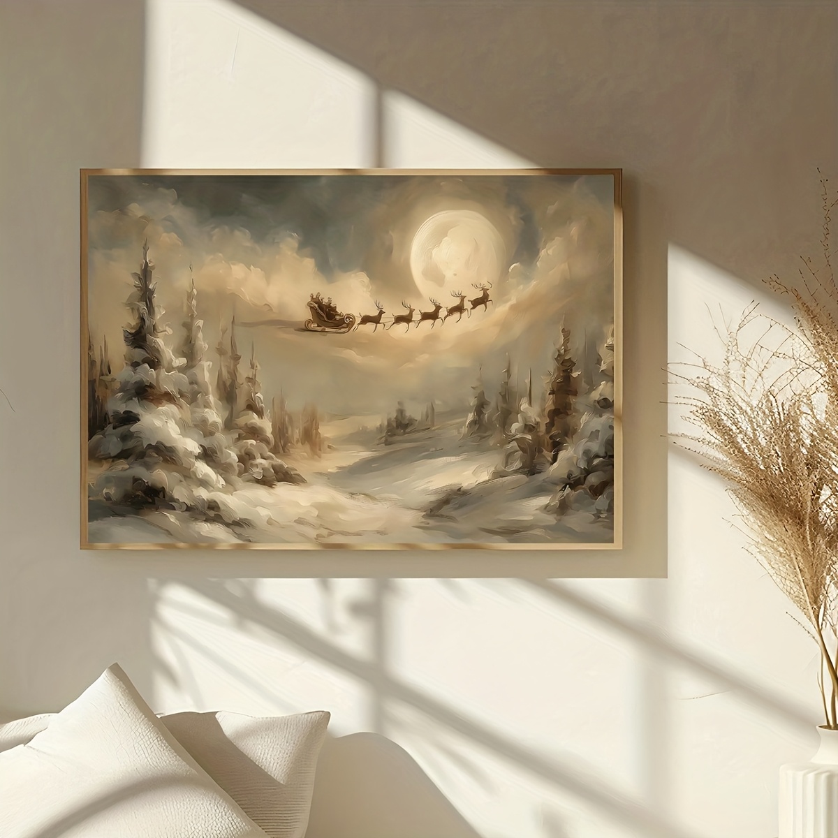 TEMU 2d Flat, 1pc Frameless Santa Sleigh Vintage Christmas Posters, Reindeer Santa Christmas Canvas Painting, Art, Birthday Present, Living Room,