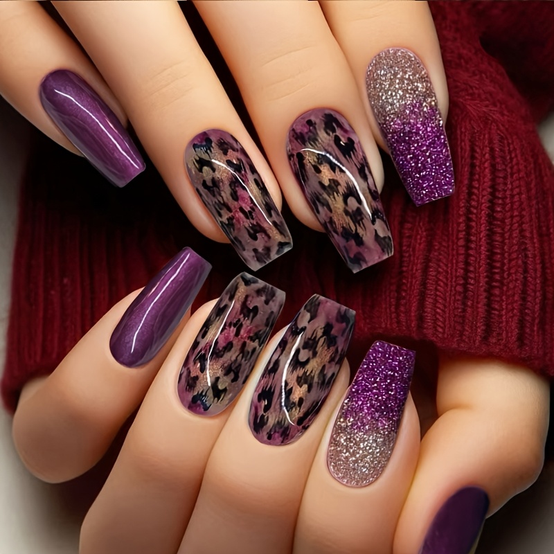 

24pcs Luxury Press-on Nails Set - Mixed Color Ballet Nail Tips With Gradient Purple And Glitter Design, , Middle Length Fake Nails For Party And