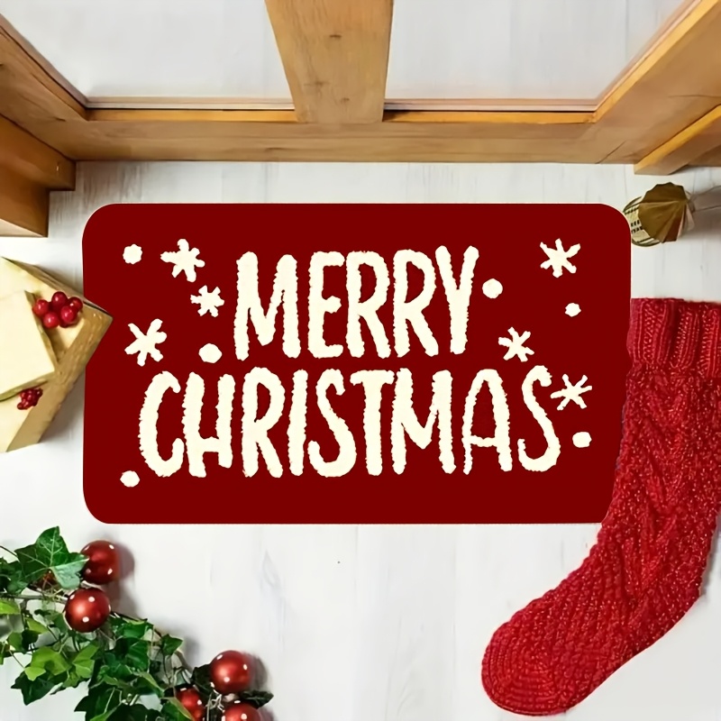 Image of 1pc Holiday Christmas Doormat "merry Christmas" Text Machine Washable Polyester Rectangular Indoor Outdoor Entrance Living Room Bedroom Kitchen Office Holiday Decoration Christmas Doormat