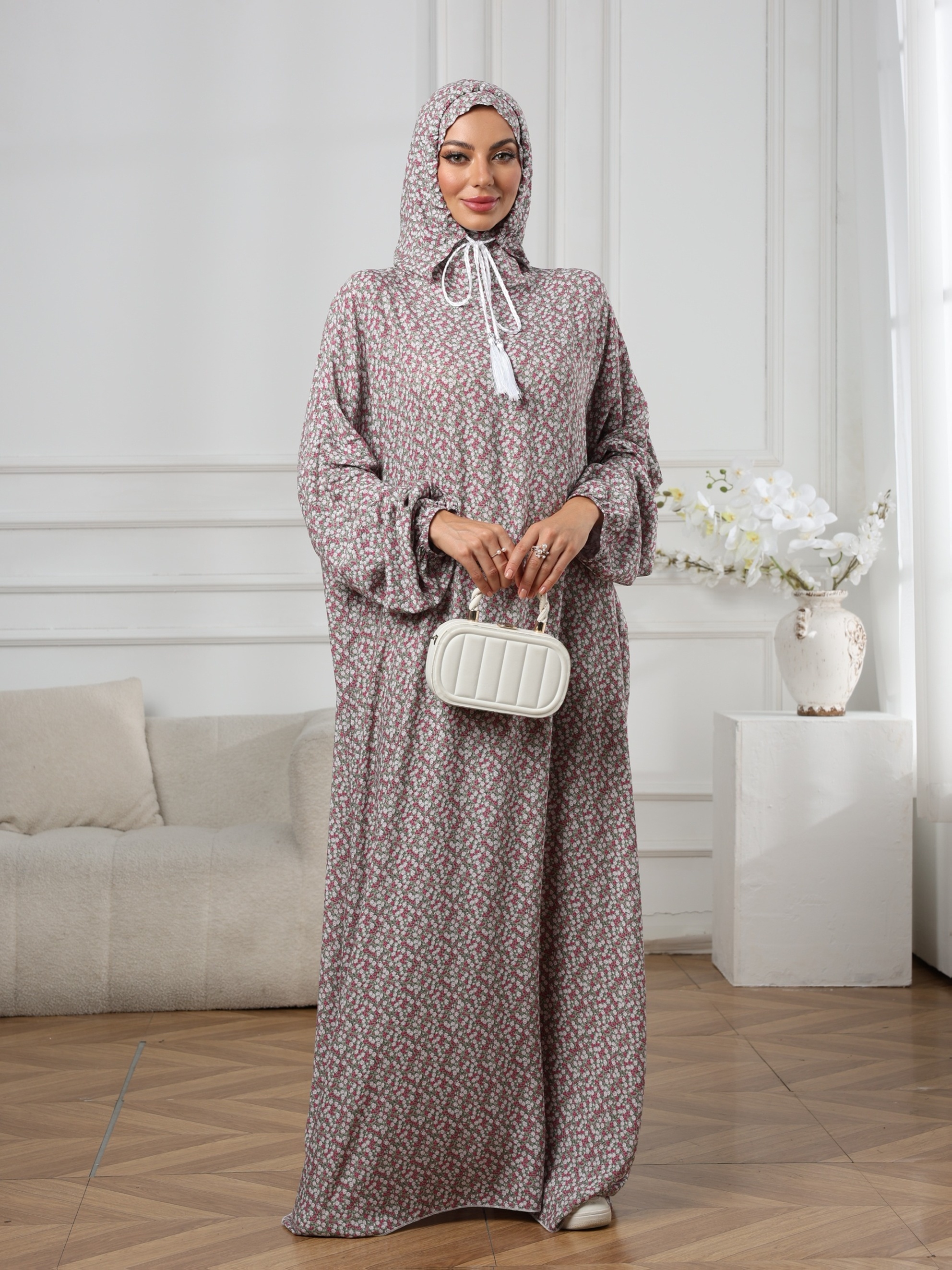 Elegant Middle Eastern Ladies' Fashion Printed Abaya with Double Hood and Drawstring | Ditsy Floral Pattern, Lantern Sleeves, Long, Loose Fit for Spring/Summer/Fall