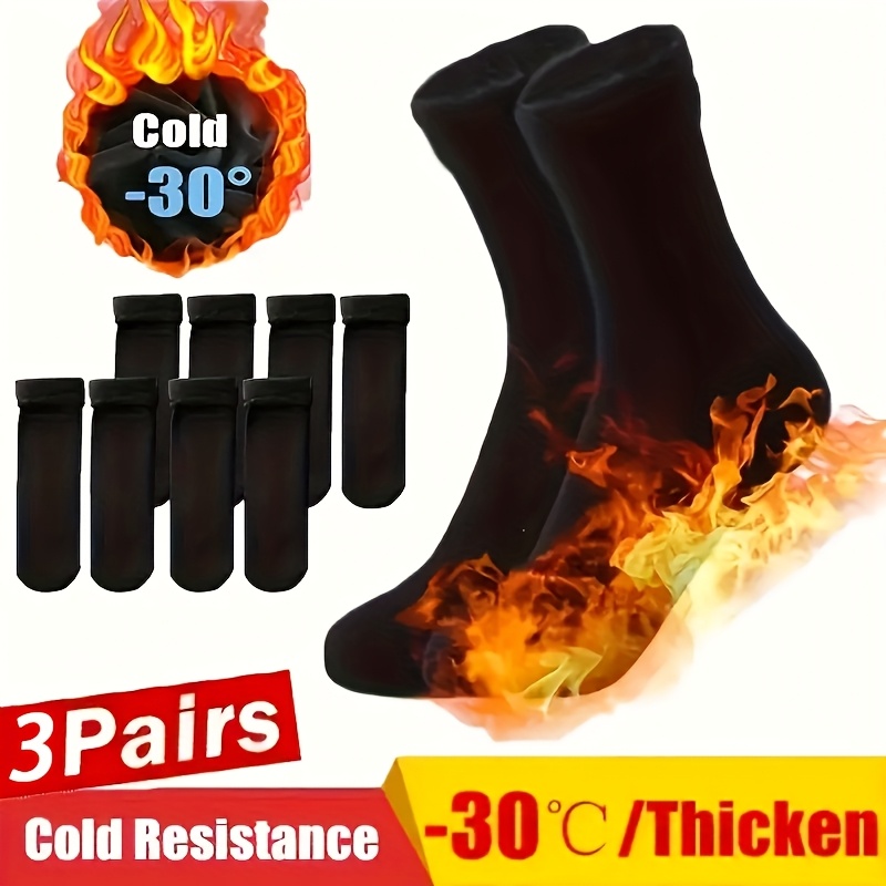 Image of 3 Pairs Of Unisex Winter Black Solid Color Warm Snow Socks, Men's And Women's Winter Warm Mid-calf Floor Socks - Mid-tube Socks