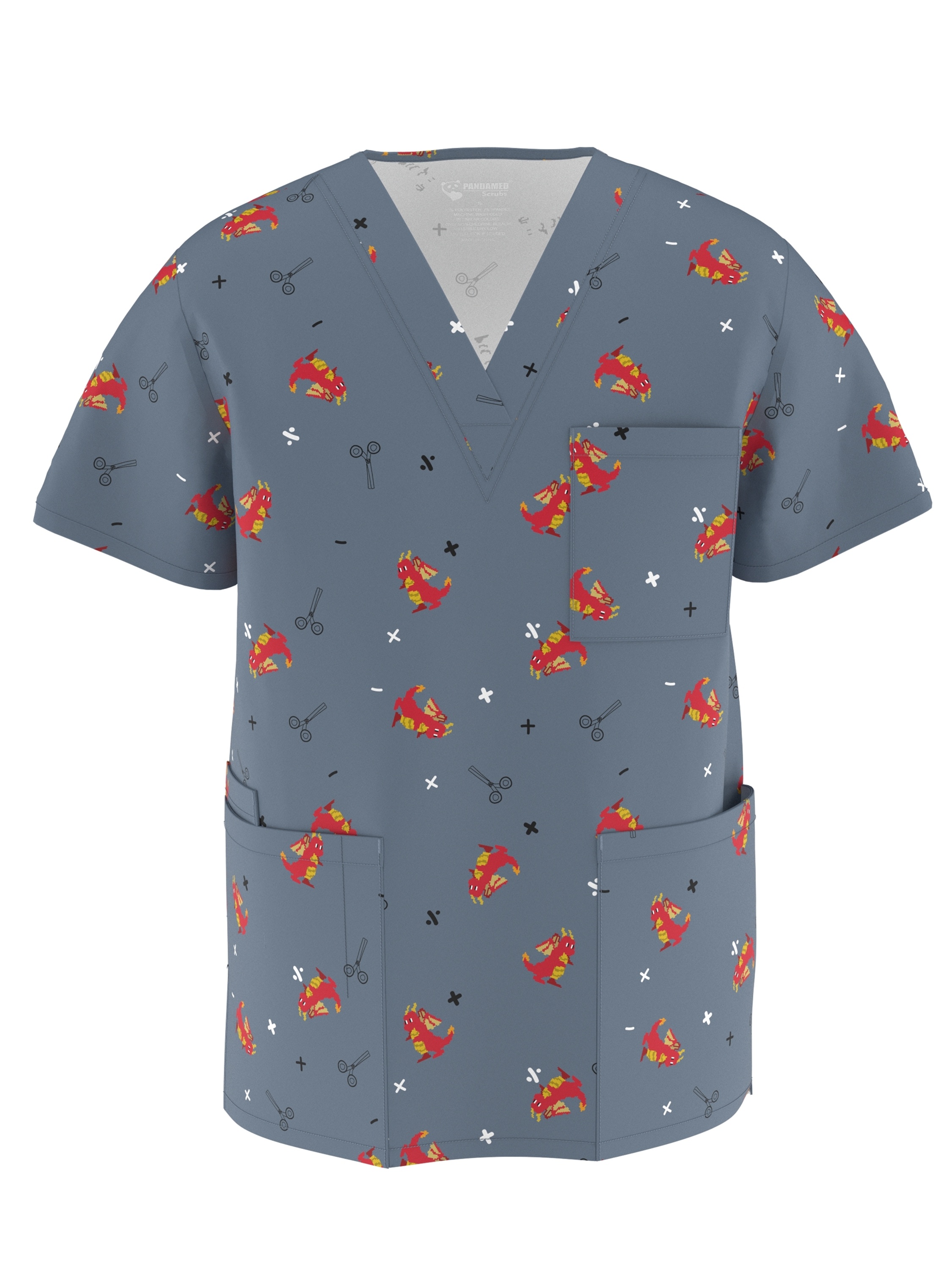 Cute Red Dragon And Medical Scissors Print Scrub Top for Women/Men, V-Neck Short Sleeve Nurse Shirt with Pockets, Soft Comfortable Medical Uniform for Hospital Work PSM105 M002.