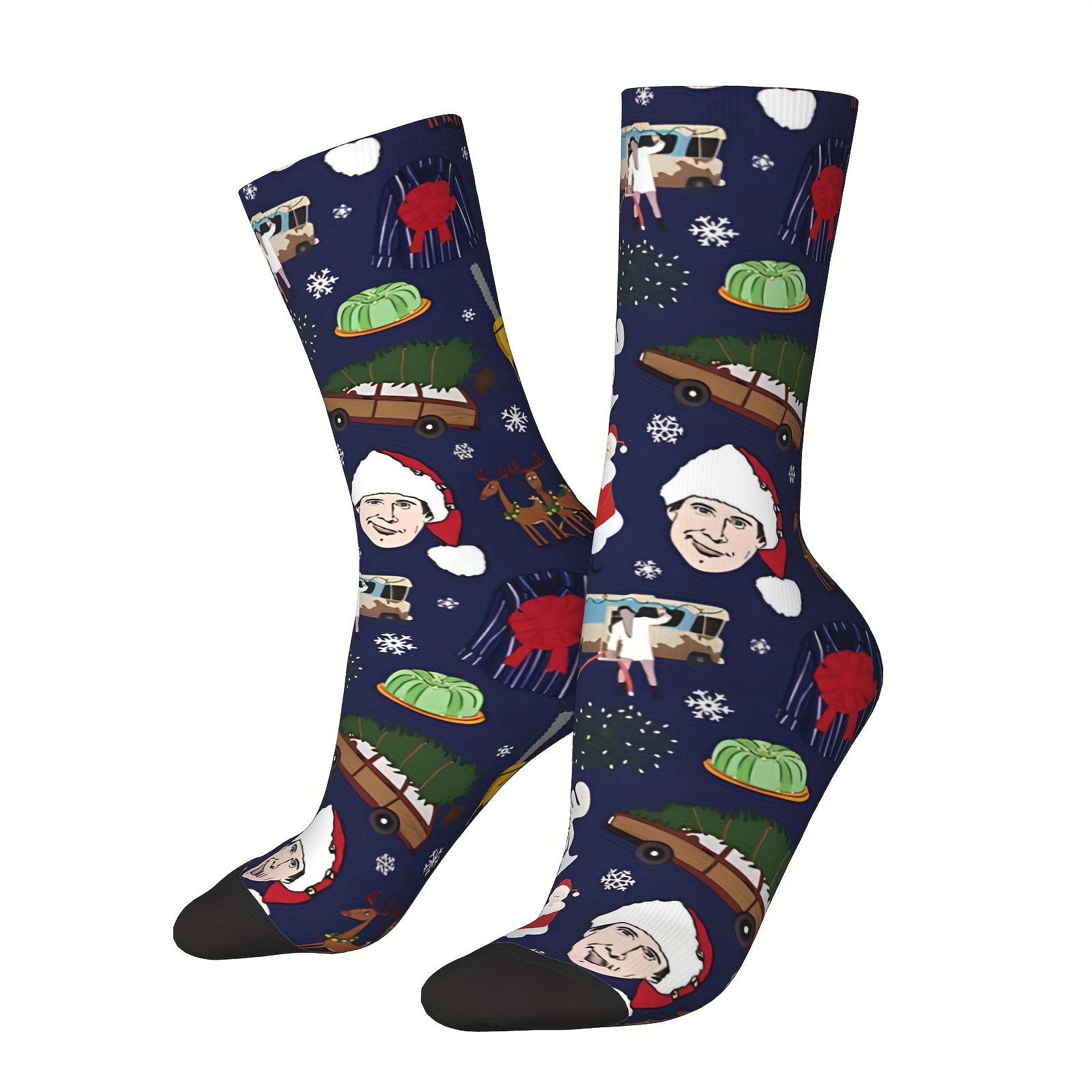 

1 Pair Novelty Christmas Crew Socks - Polyester & Spandex Blend, Seamless Knit Fabric, Santa & Themed, Festive Holiday Pattern, Hip Hop Harajuku Style, Unisex - Hand Wash/dry Clean Recommended