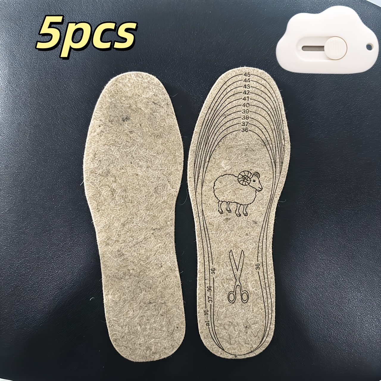TEMU 5pcs (4pcs Insoles And 1pc Cutting Tool) Winter Warm Insoles Felt Shoe Pads Sweat-absorbing Breathable Thickened Shock-absorbing Free Cutting