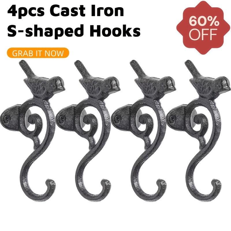 TEMU 4pcs Cast Hooks, Heavy Duty Vintage Wall Hook For Hanging Coats Bags Keys, Rustic Garden Decor Outdoor Patio Fence Decor, Hanging Tools - Unique