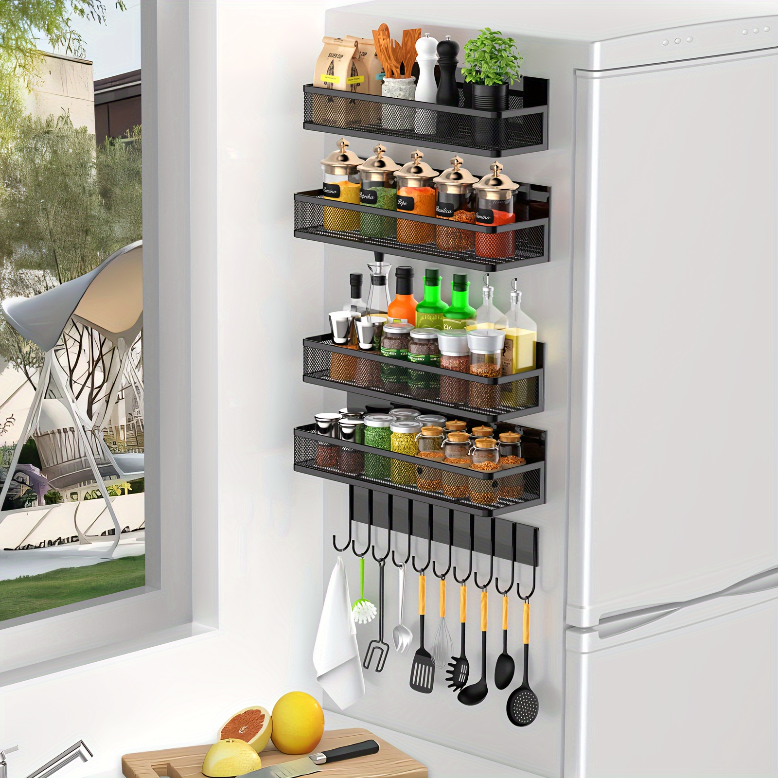 

3/5-piece Magnetic Seasoning Rack Suitable For Refrigerator, Seasoning Rack Storage Rack, Movable Magnetic Rack Refrigerator Storage Box, With 10 Hooks, Suitable For Kitchen And Oven, Black