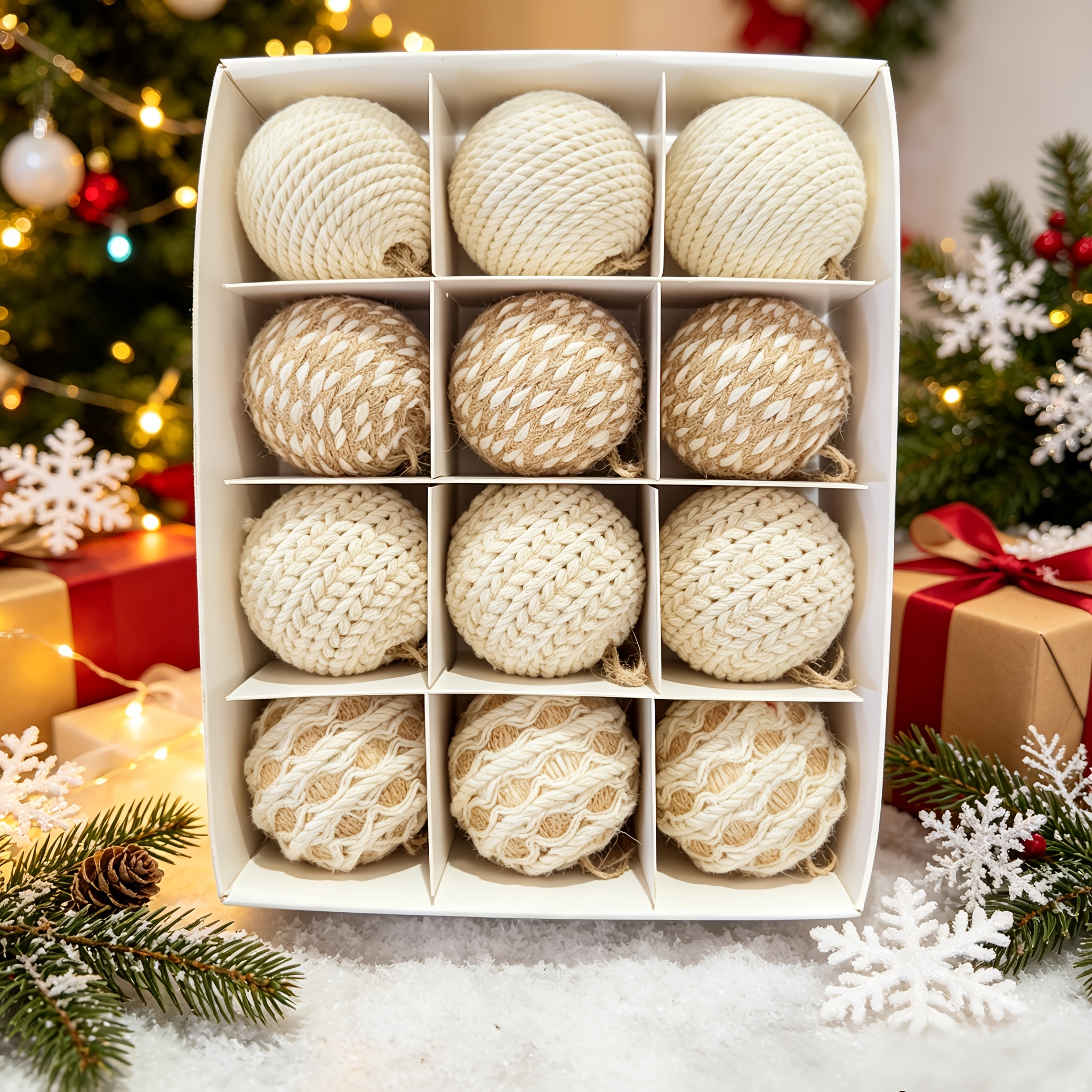 TEMU A Box Of 12 Handmade High-end 6cm Hemp Rope Christmas Ornaments, Hand-woven With Hemp Rope, Christmas Decorations, Christmas Tree Hangings