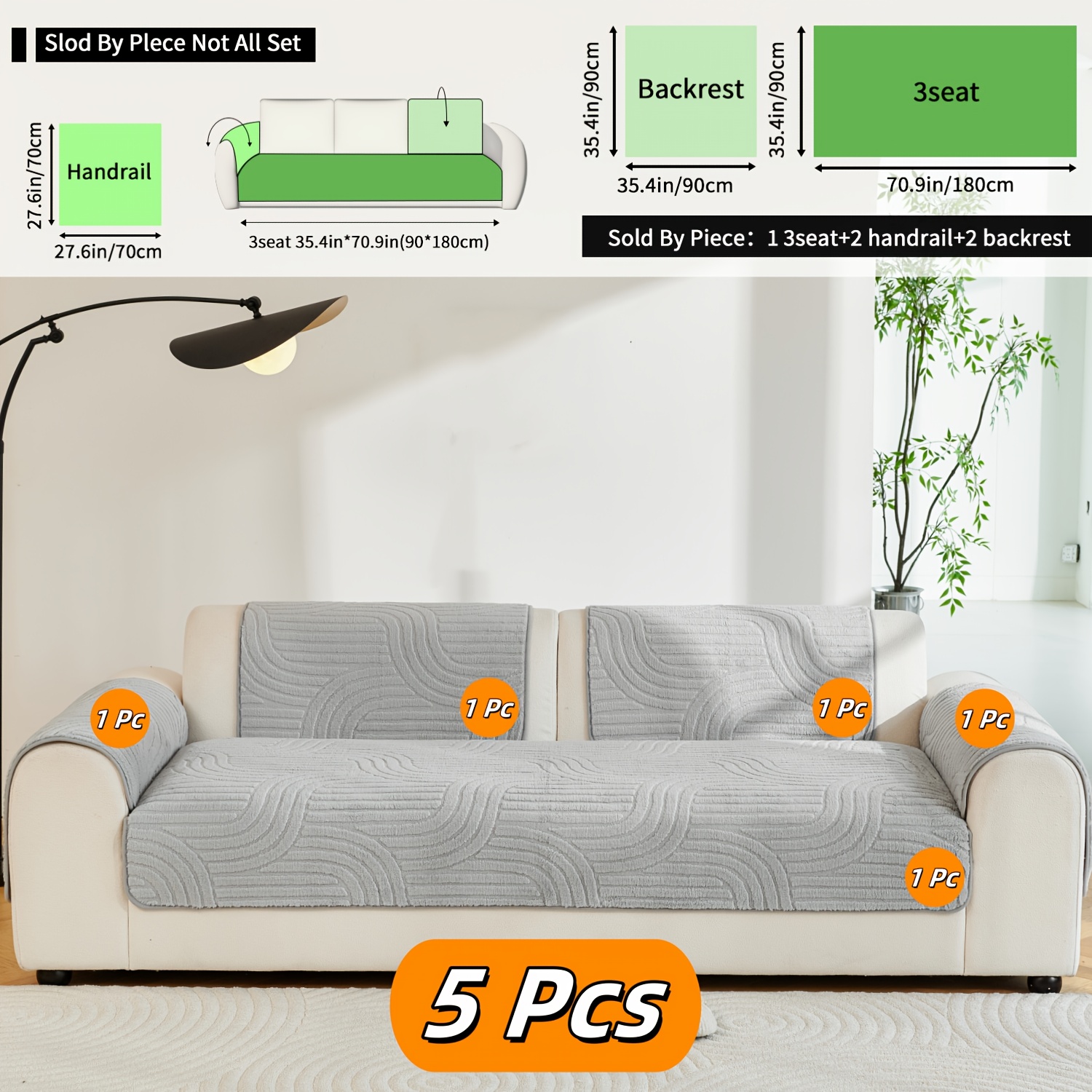 TEMU 5pcs Solid-color Chenille Non-slip Sofa Cushion Set For Autumn And Winter - Machine-washable, Pet-friendly, Full-set Sofa Protection Pad,