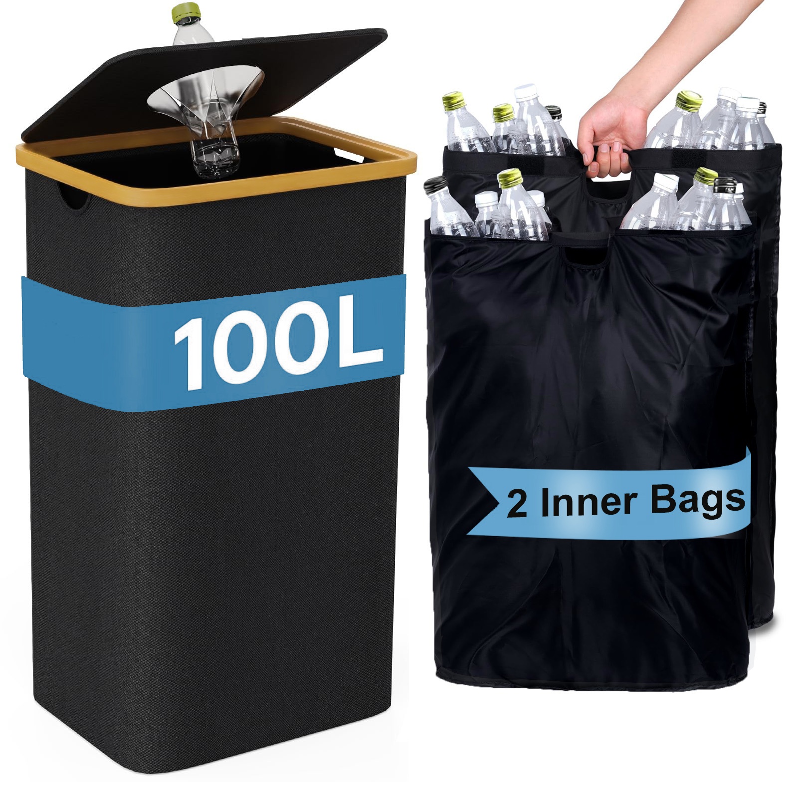 E-shop 100-Wäschekörbe mit Deckel abnehmbarer Tragetasche - Extra Groß - Flaschensammel-Wäschekörbe - Pfandflaschen-Wäschekörbe (Schwarz), Wäschekörbe