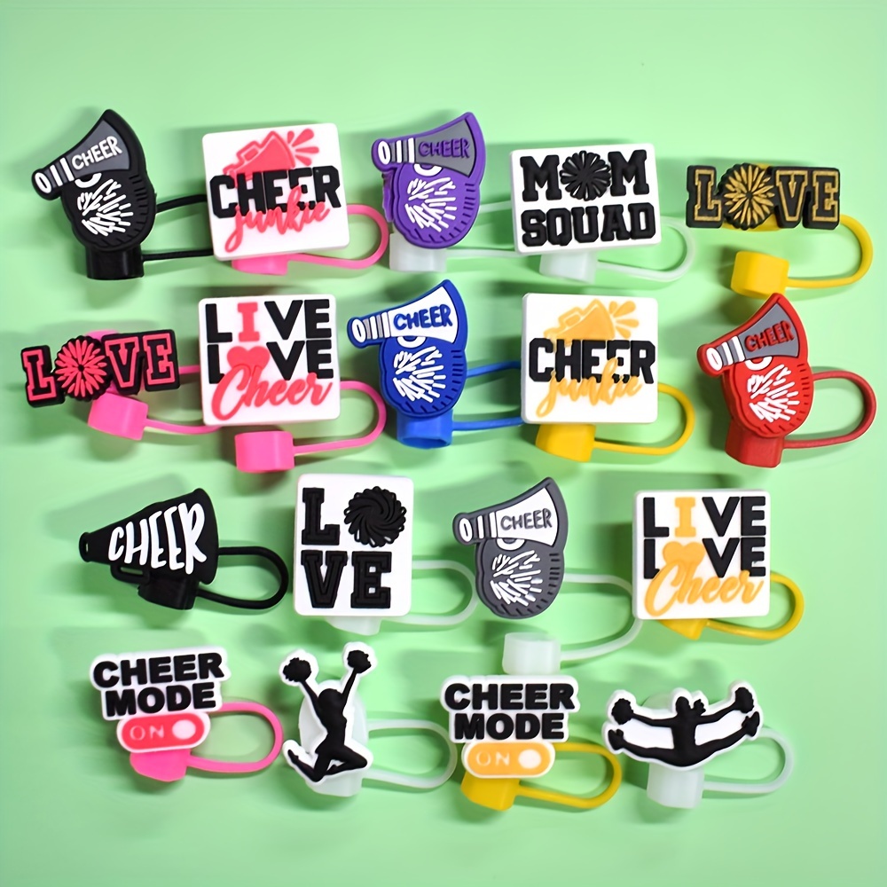 

18pcs Cheerleading Straw Tips Covers Set, Reusable Silicone Cartoon Toppers For Tumblers, Food Safe Straw Cap Covers In Various Designs - Plastic Material