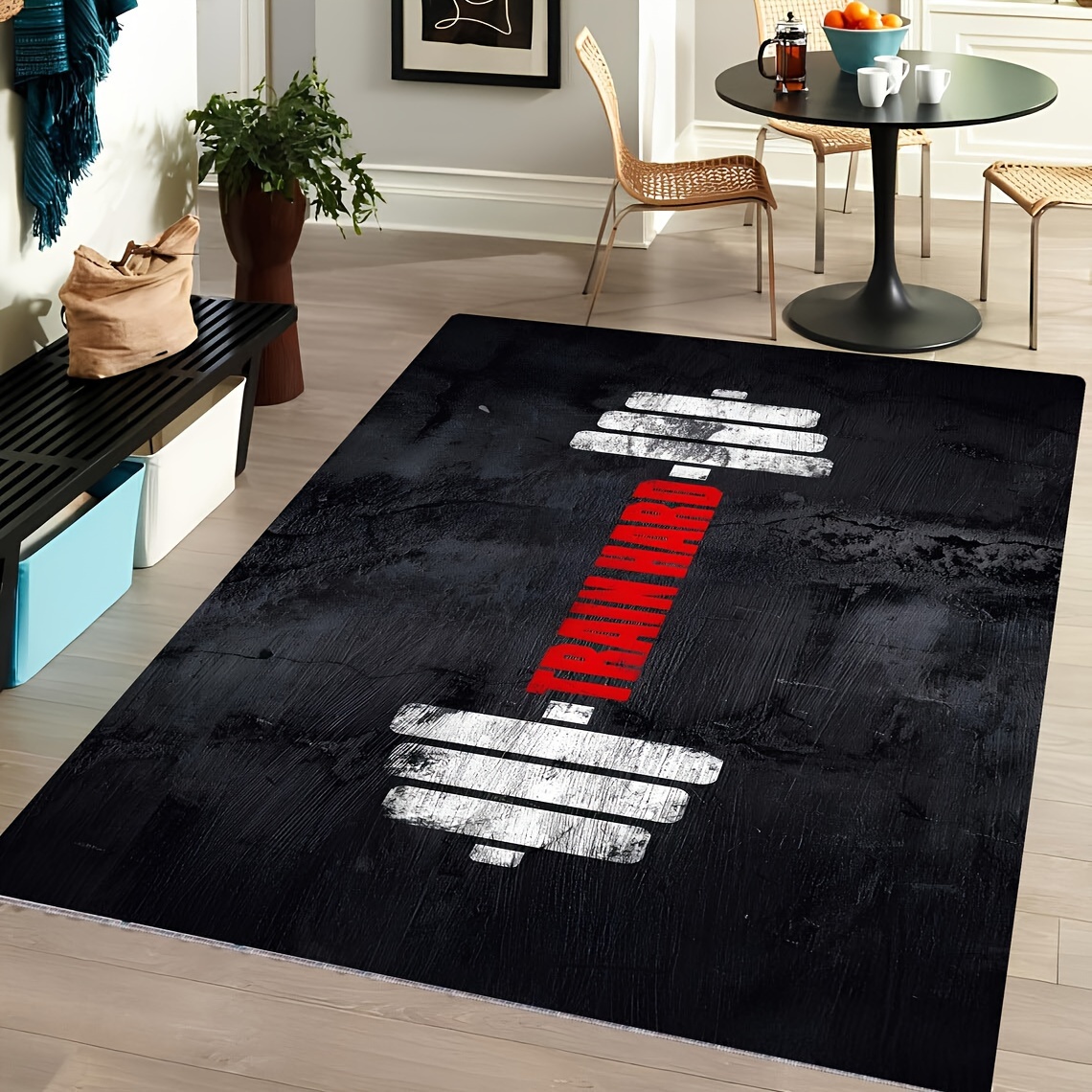 Image of 1pc Black Dumbbell Pattern Soft Non-slip Floor Mat - Hand Washable, 480g/m², 1cm Thick, Perfect For Living Room & Kitchen Decor, Indoor Mat | Modern Floor Mat | Polyester Mat
