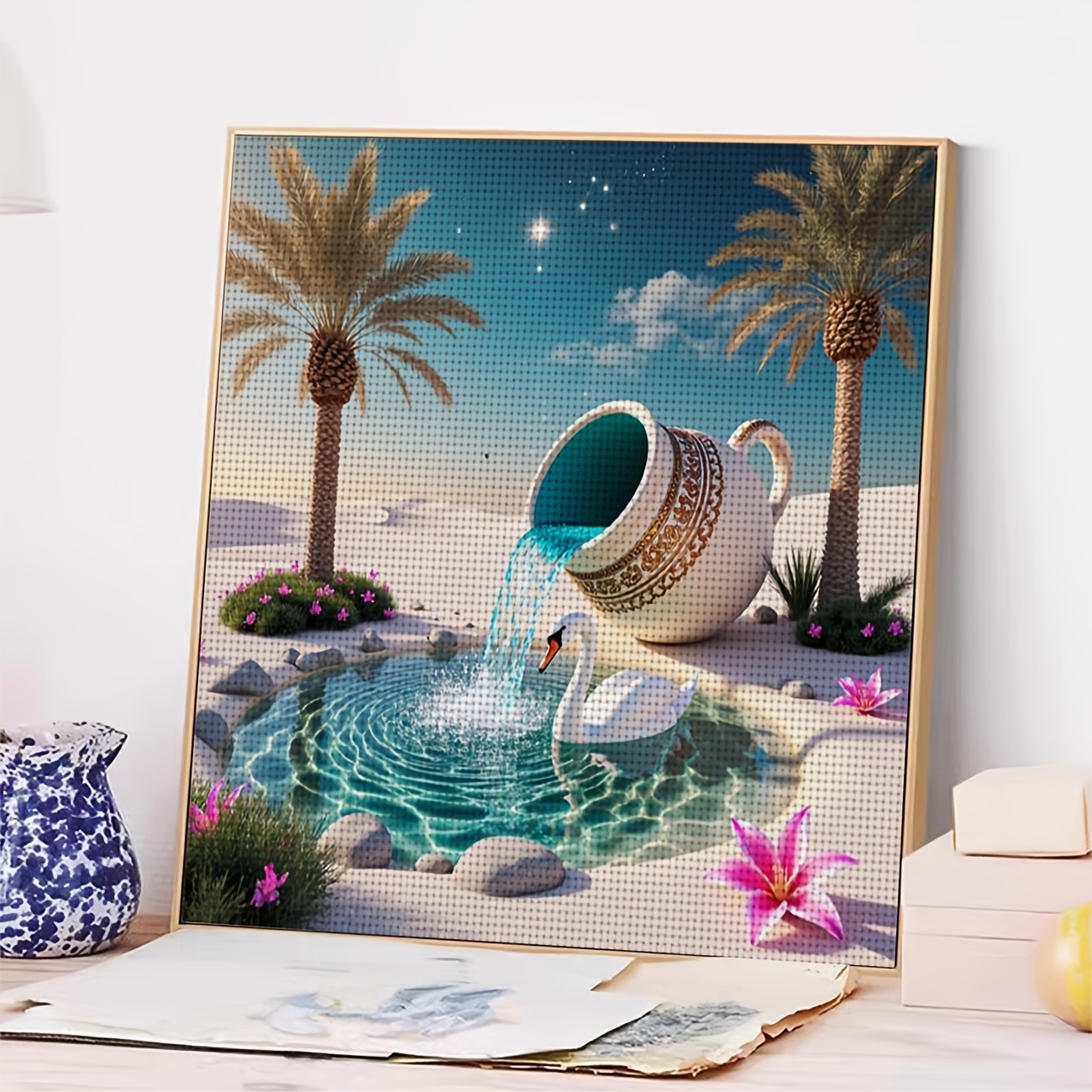 Cross Stitch Printed Kit, Desert Pottery Jar Flowing Swan