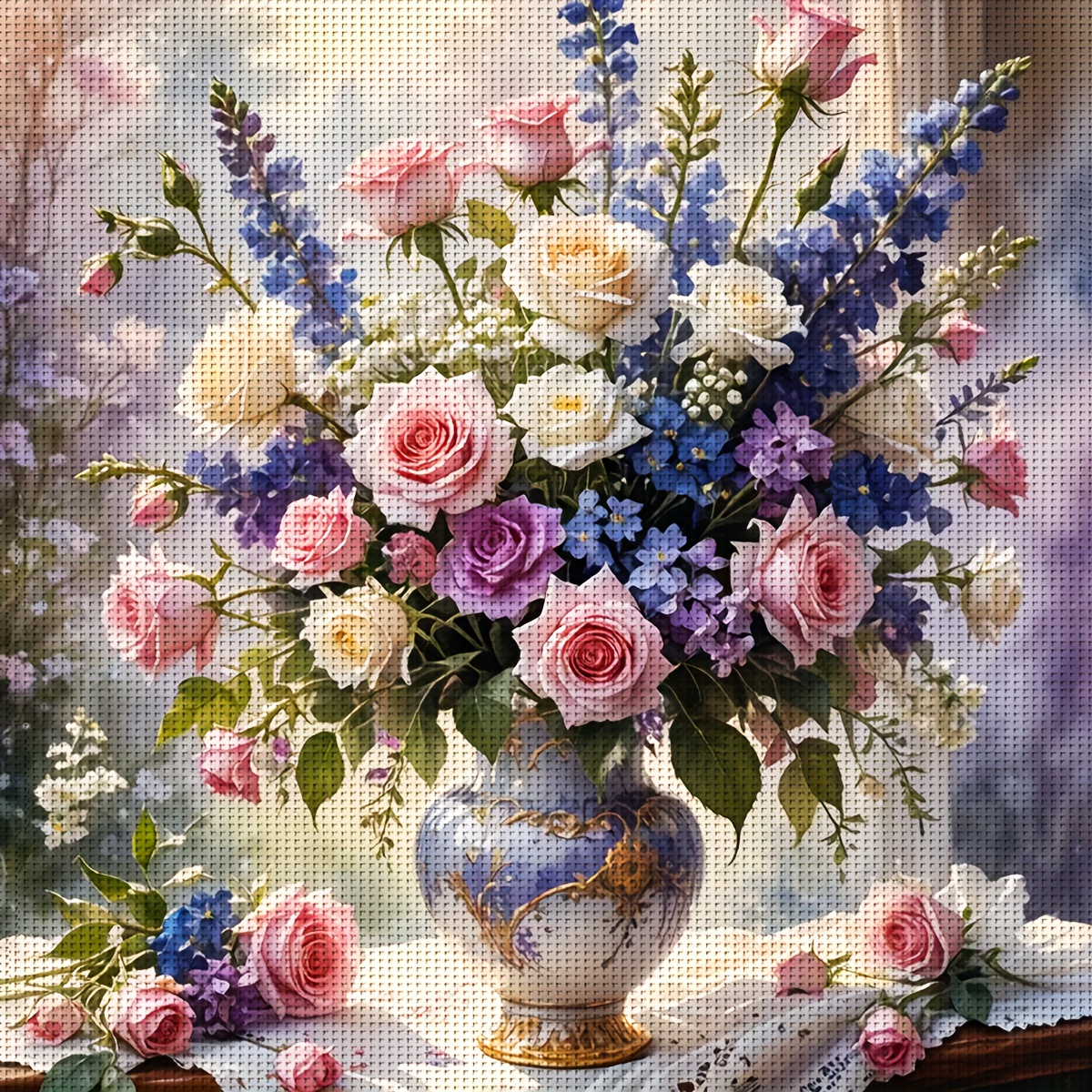 TEMU ZUOANLF 1 Set 50X50Cm/19.7X19.7Pouces Kit de Point de Croix Cadre, Fleurs, Kits de Point de Croix Estampés, Ensemble de Broderie pour Décoration