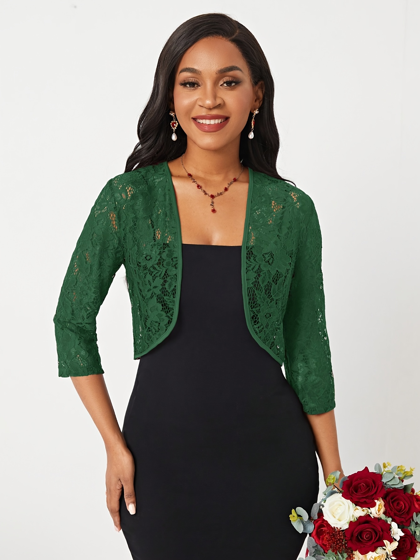 Emerald Green Green Lace Shrug Floral Lace Shrug For Women's Ruffle Evening  Dress Long Sleeve