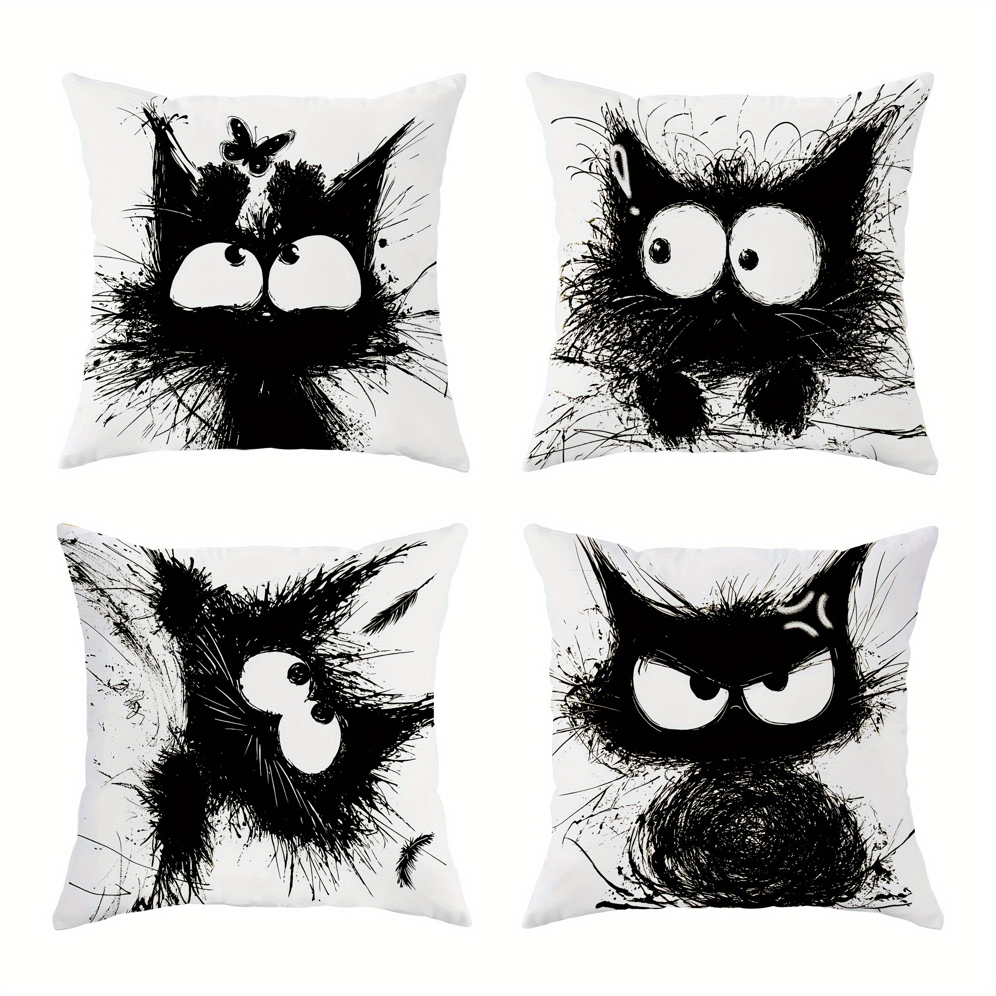 

4pcs Black Cat Velvet Throw Pillow Covers Cute Funny Black Soft Decorative Pillowcases 1 Sided Printing For Living Room Bedroom Sofa Bed Decor Without Pillow Inserts