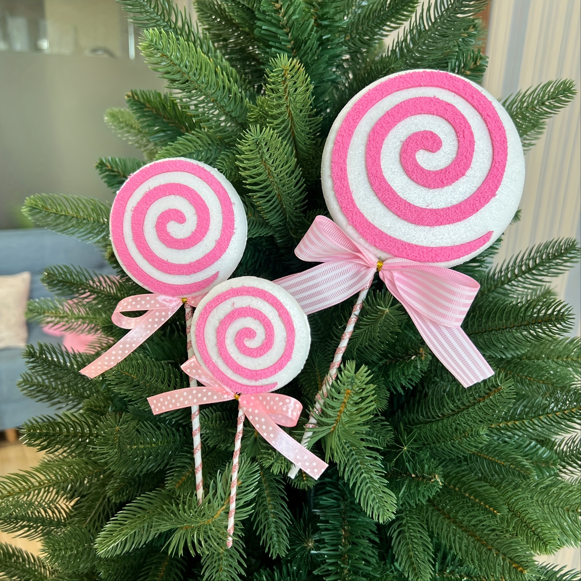 

3pcs Large Pink Christmas Tree Ornaments - Realistic Candy Lollipop Decorations For Holiday Parties, Room, Bedroom & Desktop Decor