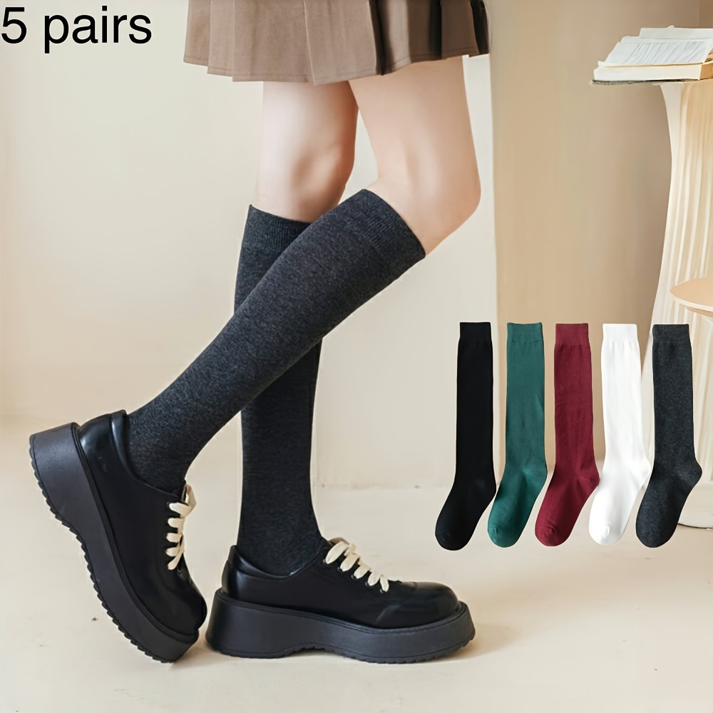 

Women's Knee-high Calf Socks 5-pack - Comfortable, Warm Polyester Knit With 95% Polyester & 5% Spandex, Solid Color, Hand Washable - Ideal For